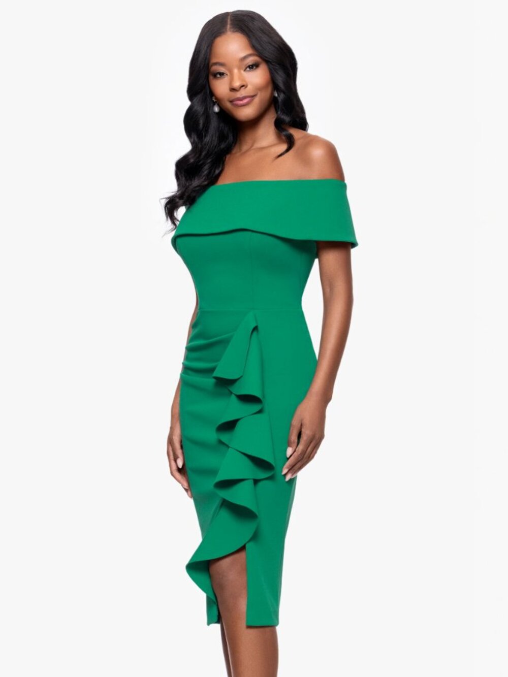 Petite "Kourtney" Scuba Crepe Off the Shoulder Ruffle Midi Dress